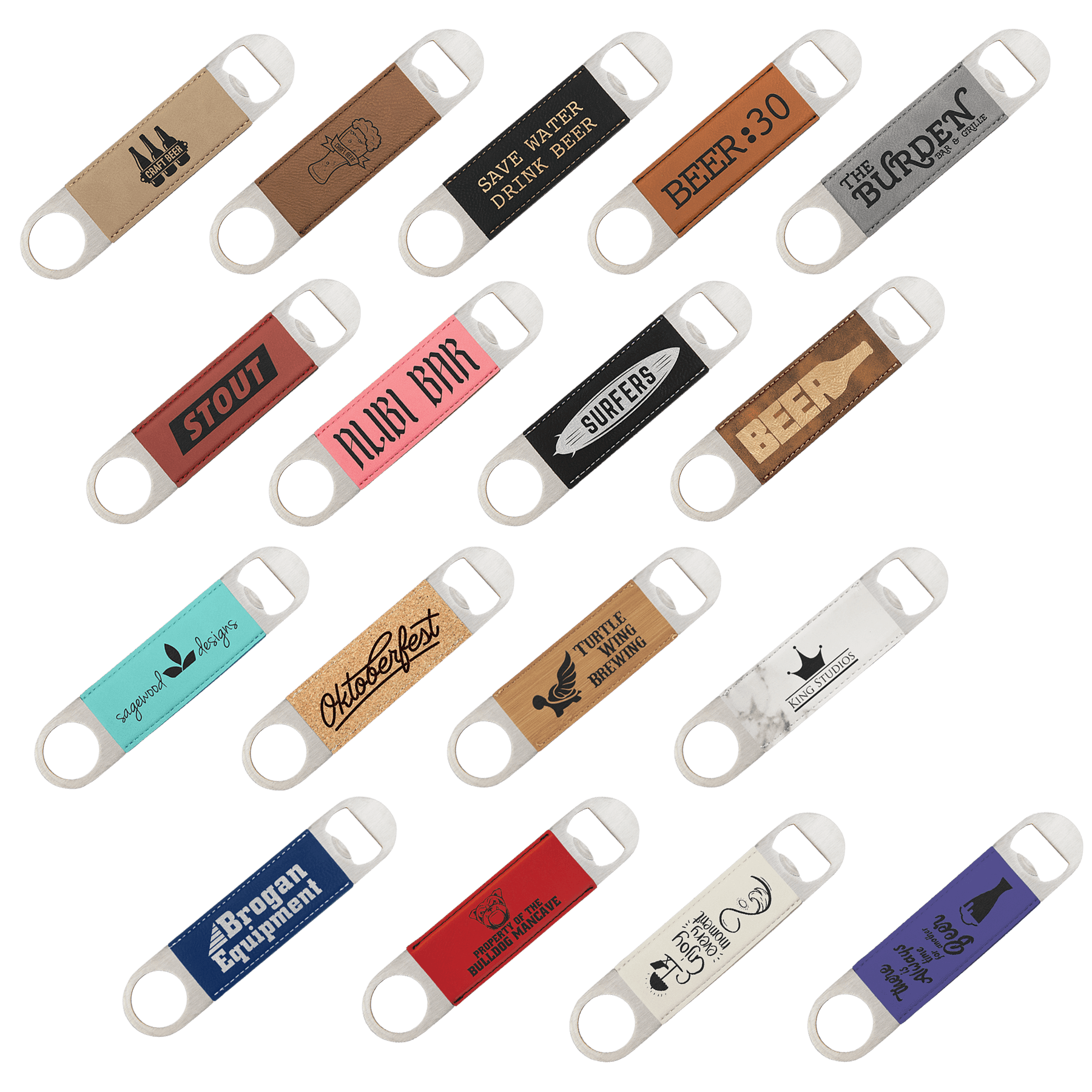 1 1/2" x 7" Laserable Leatherette/Cork Bottle Opener Sample Set