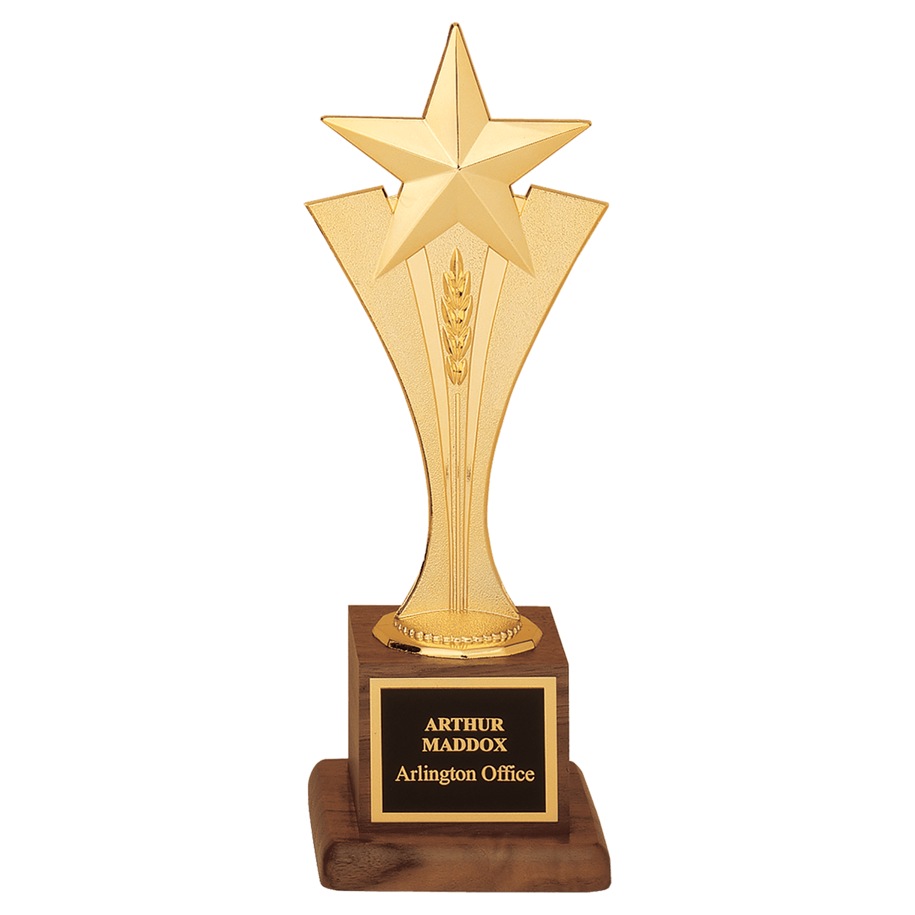 3 1/2" x 10" Modern Goldtone Star Casting on a Walnut Finish Base with Laserable Brass Plate