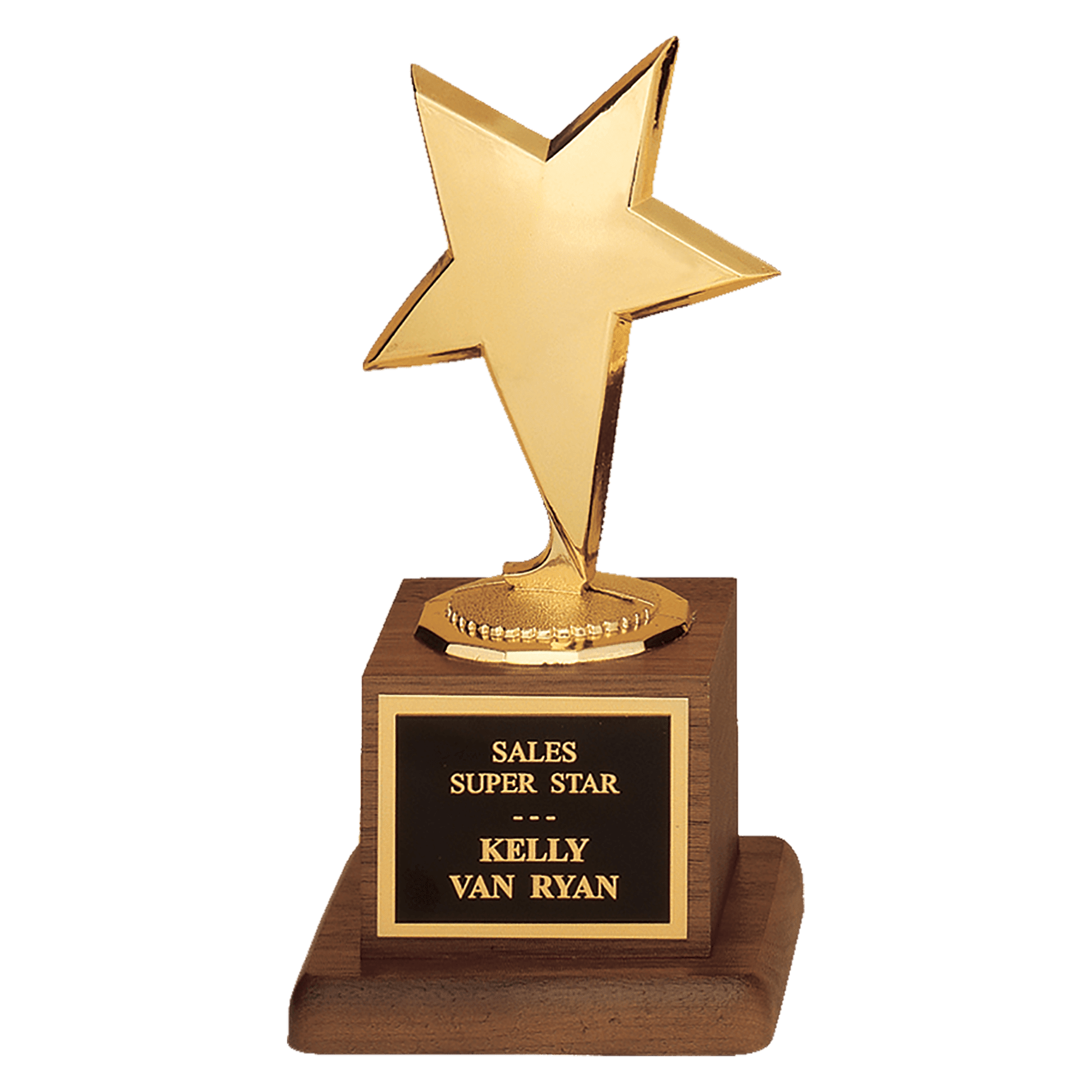3 1/2" x 6 3/4" Modern Star Casting in Goldtone Finish on Walnut Finish Base with Laserable Plate