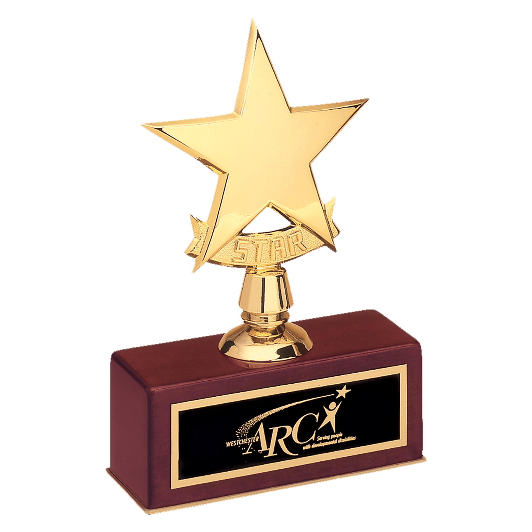 5" x 7 1/2" Polished Metal Goldtone Star Casting on Rosewood Piano Finish Base with Laserable Brass Plate