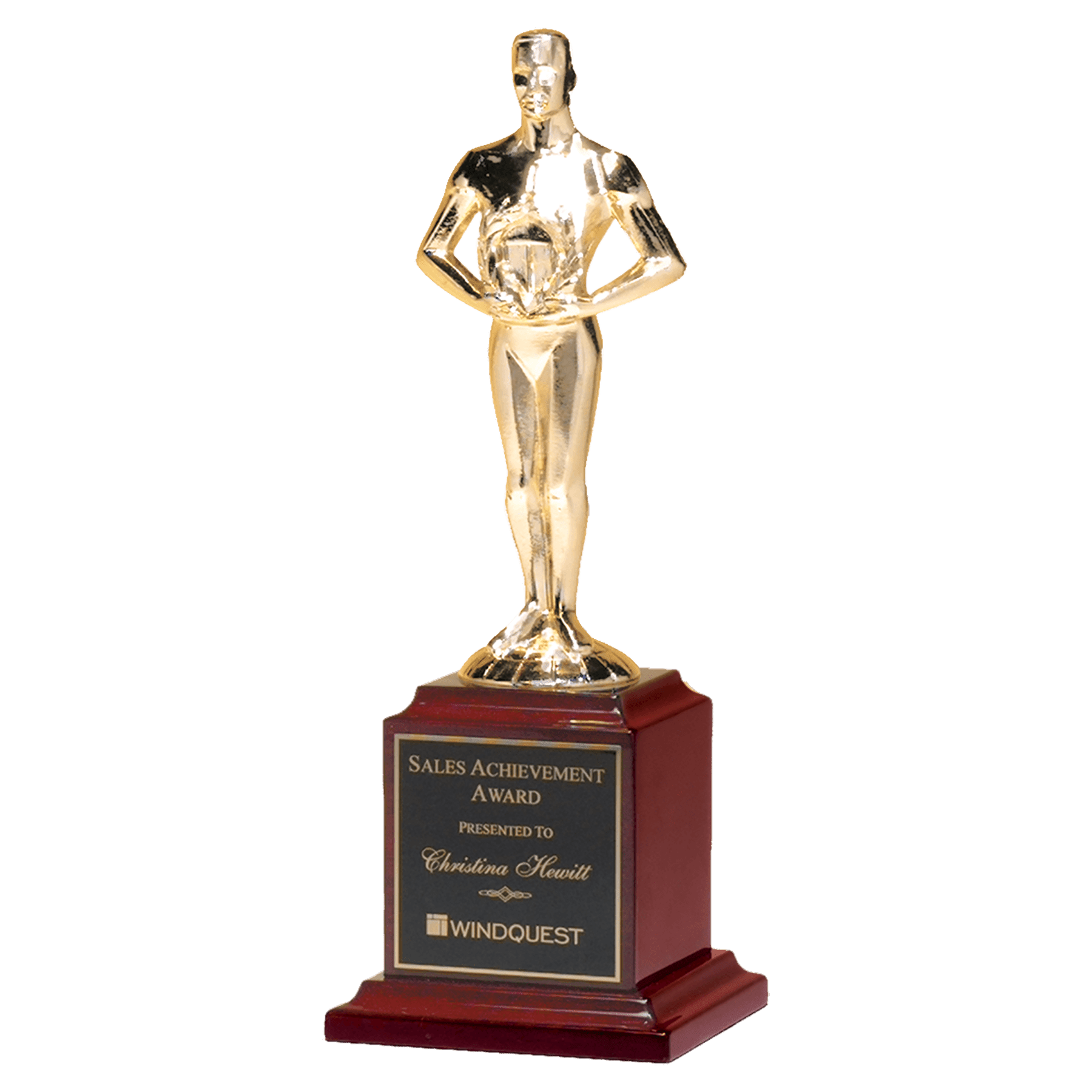 13 1/2" Cast Metal Goldtone Finish Classic Achiever Figure on a Rosewood Piano Finish Base with a Laserable Plate