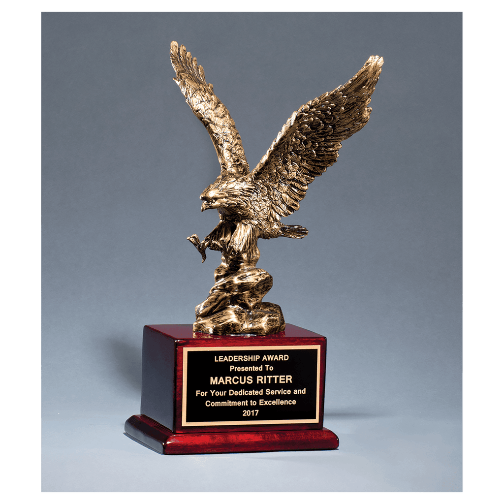 15" Antique Bronze Finished Eagle Resin Casting on Rosewood Piano Finish Base with Laserable Brass Plate