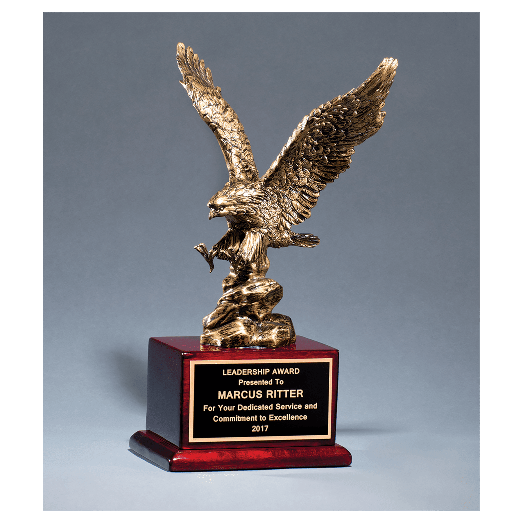 15" Antique Bronze Finished Eagle Resin Casting on Rosewood Piano Finish Base with Laserable Brass Plate