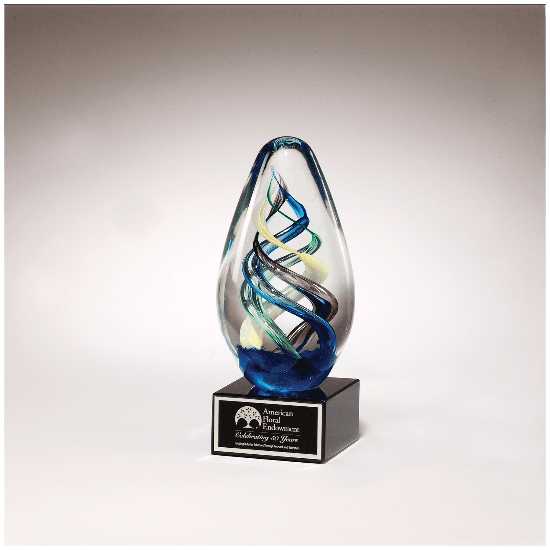 7 1/8" Egg Shaped Colored Art Glass on Glass Base with Black Laserable Aluminum Plate