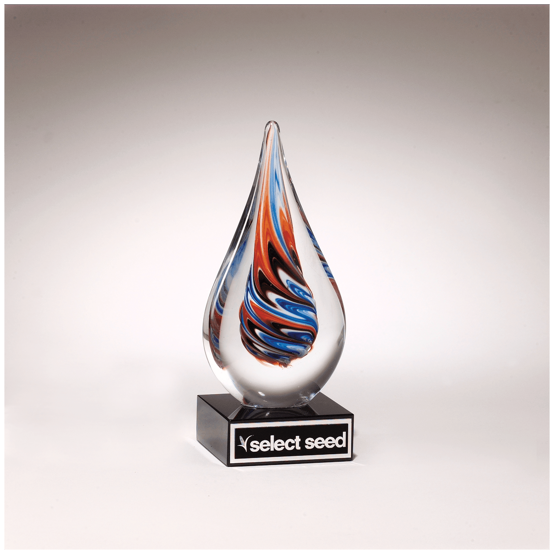 7 1/2" Teardrop Art Glass on Glass Base with Black Laserable Aluminum Plate
