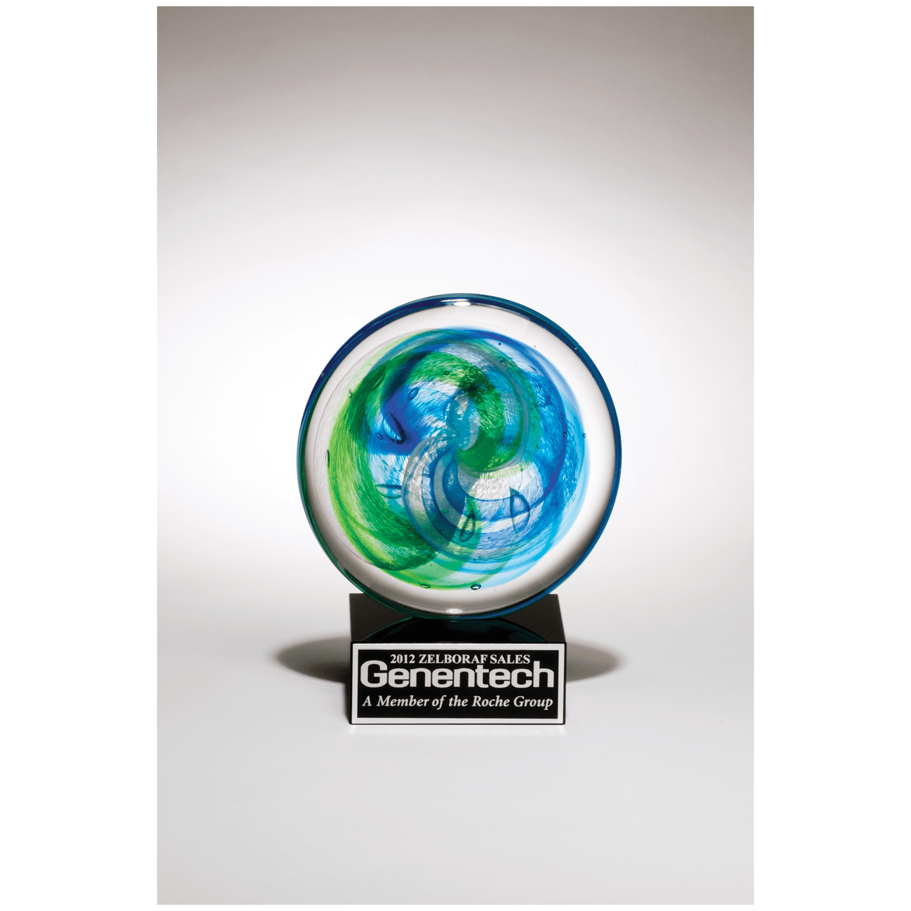 7 1/4" Disk Art Glass with Blue and Light Green Accent on Glass Base with Black Laserable Aluminum Plate