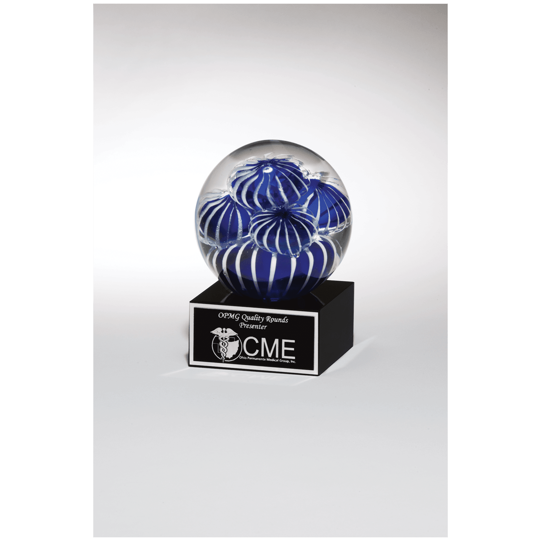 5" Globe with Blue and White Sea Anemone Design on Glass Base with Black Laserable Aluminum Plate