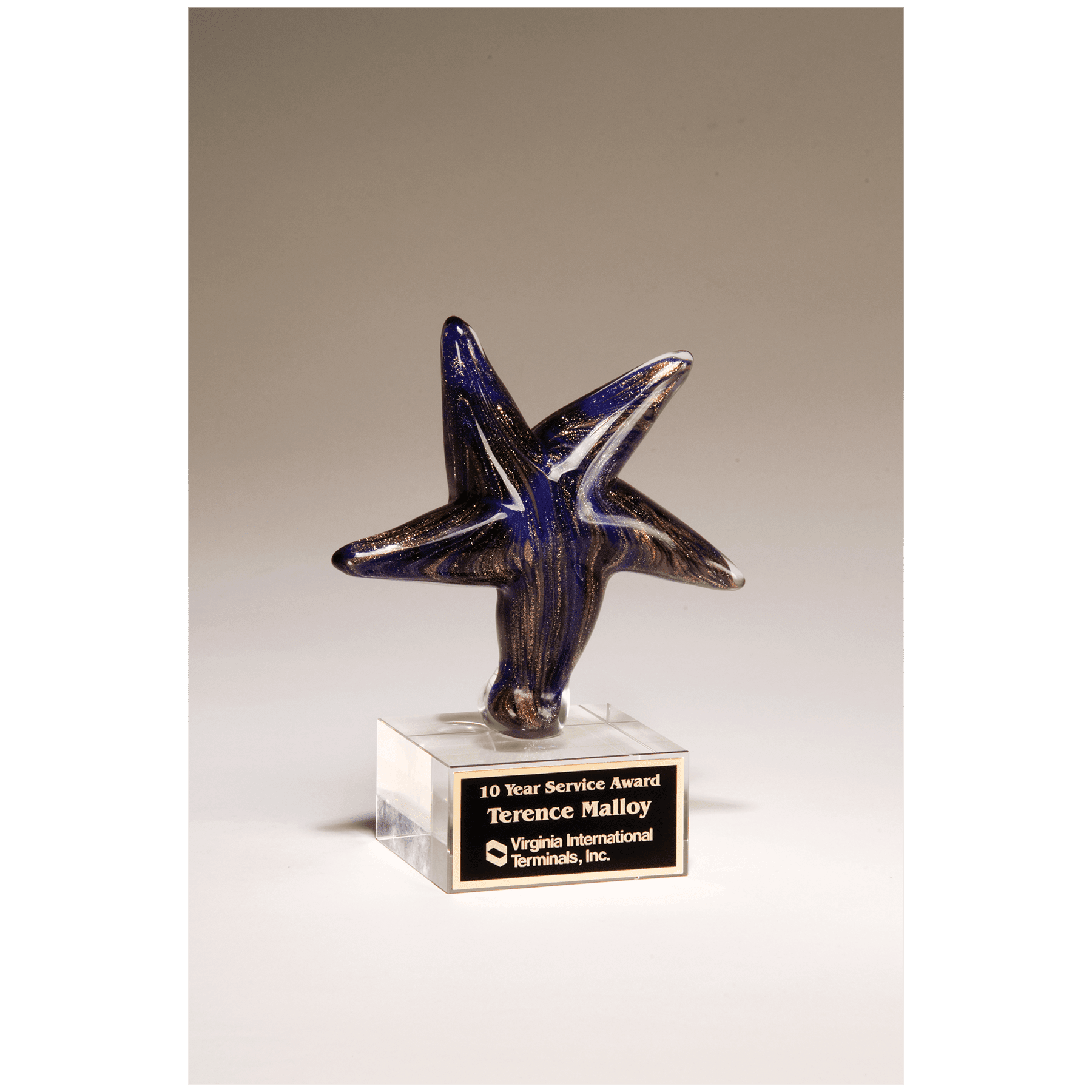 6 7/8" Blue Star Art Glass with Gold Metallic Highlights on Clear Glass Base and Laserable Aluminum Plate