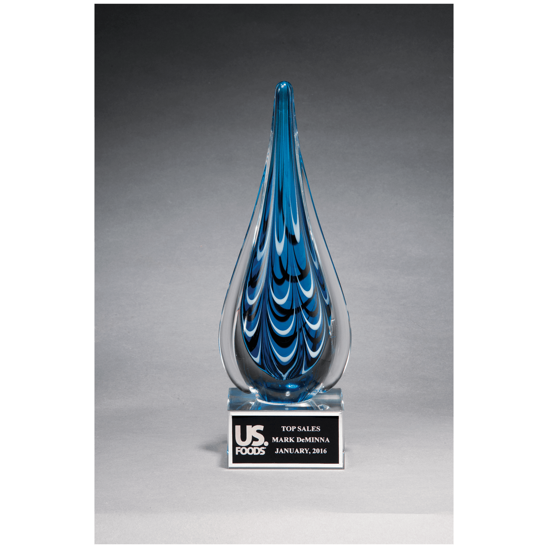 10" Blue and Teardrop Art Glass on Clear Glass Base with Black Laserable Aluminum Plate