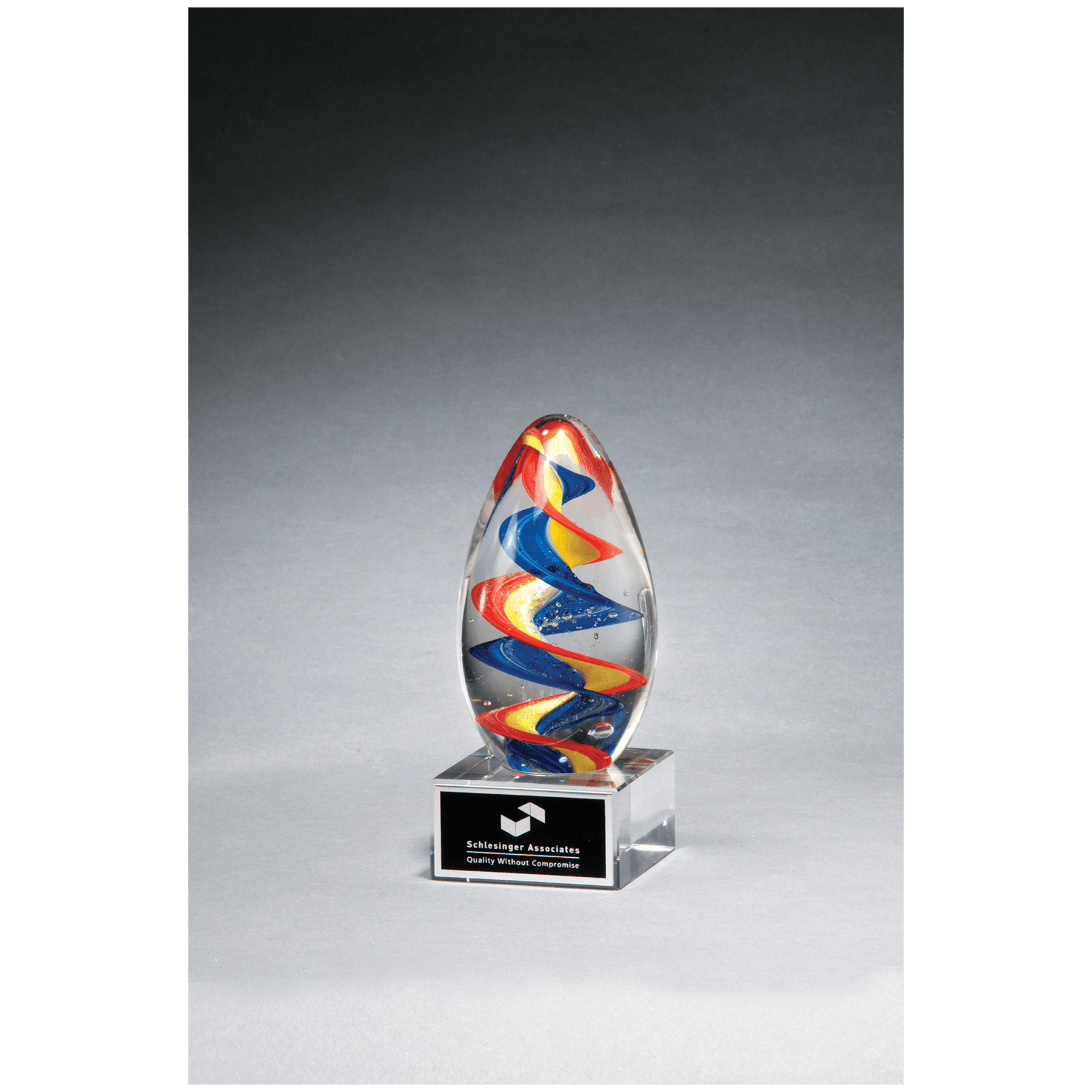 6" Colorful Egg Shaped Art Glass on Clear Glass Base with Laserable Aluminum Plate