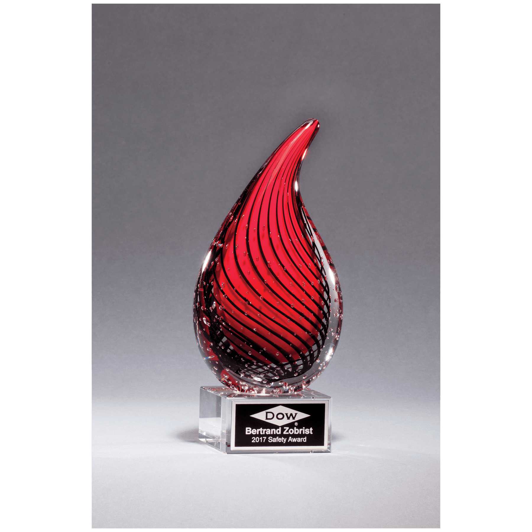 7 1/2" Red Teardrop Art Glass on Clear Glass Base with Laserable Aluminum Plate