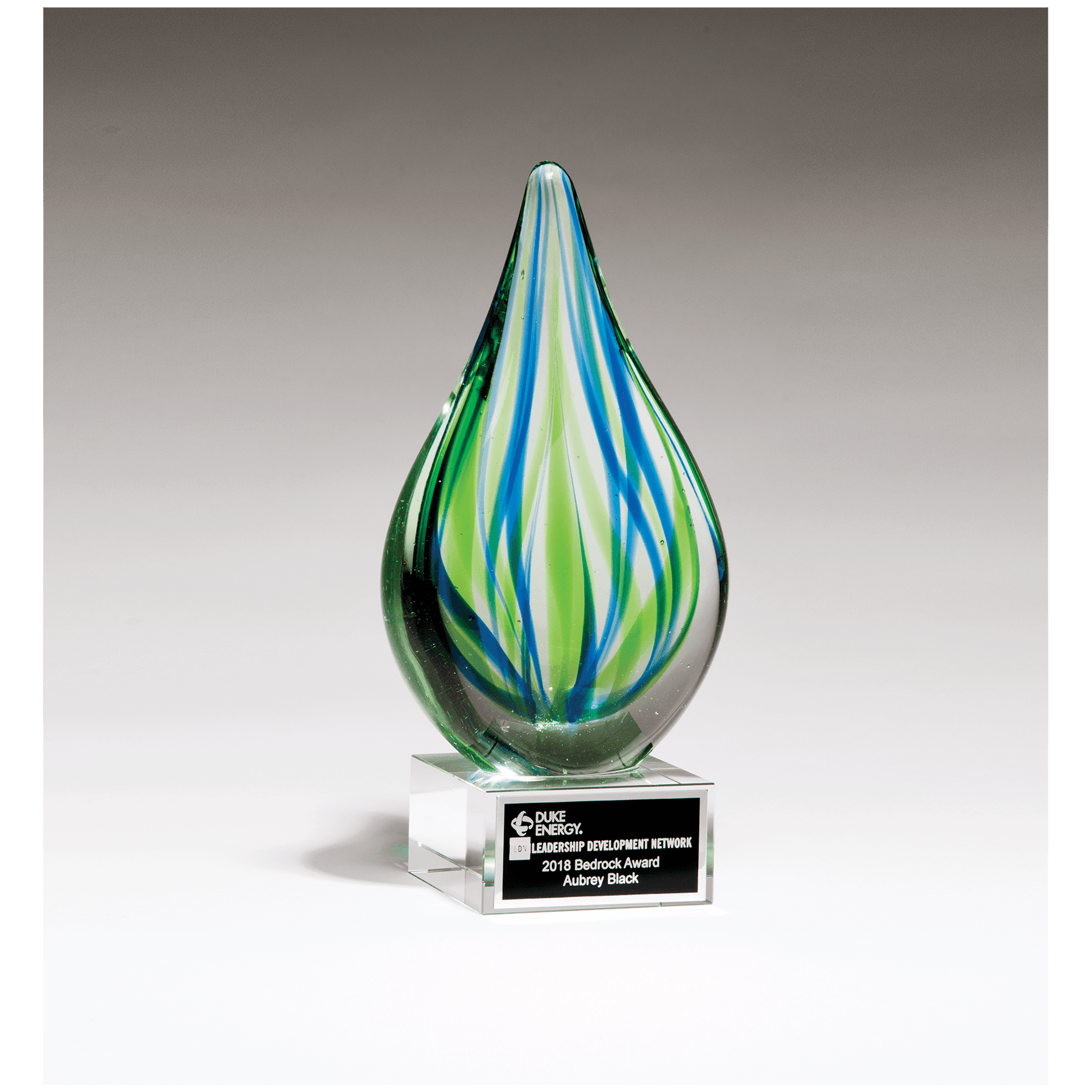 8" Blue and Green Teardrop Art Glass on Clear Glass Base with Laserable Aluminum Plate