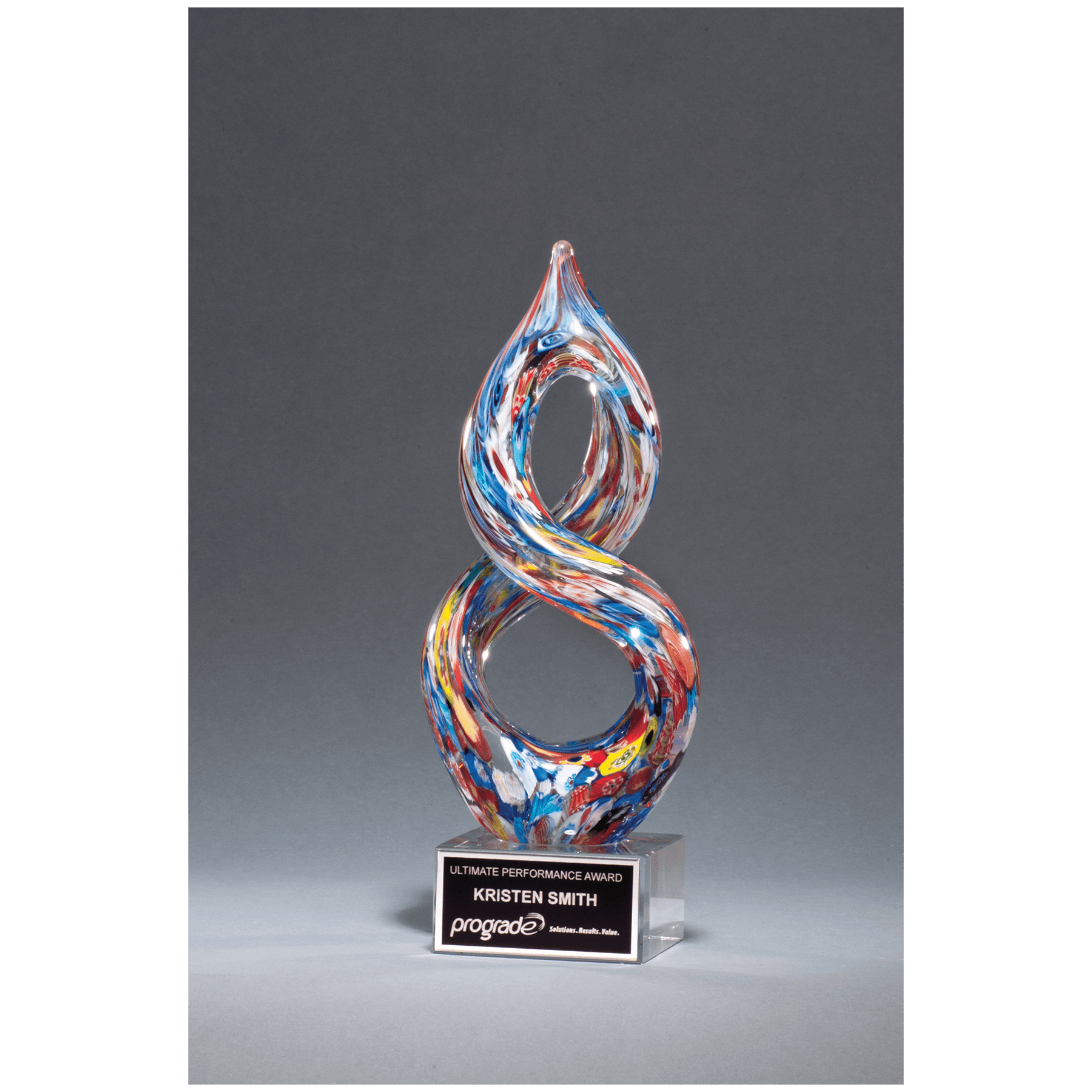 10" Helix Multi-Color Art Glass on Clear Glass Base with Laserable Aluminum Plate