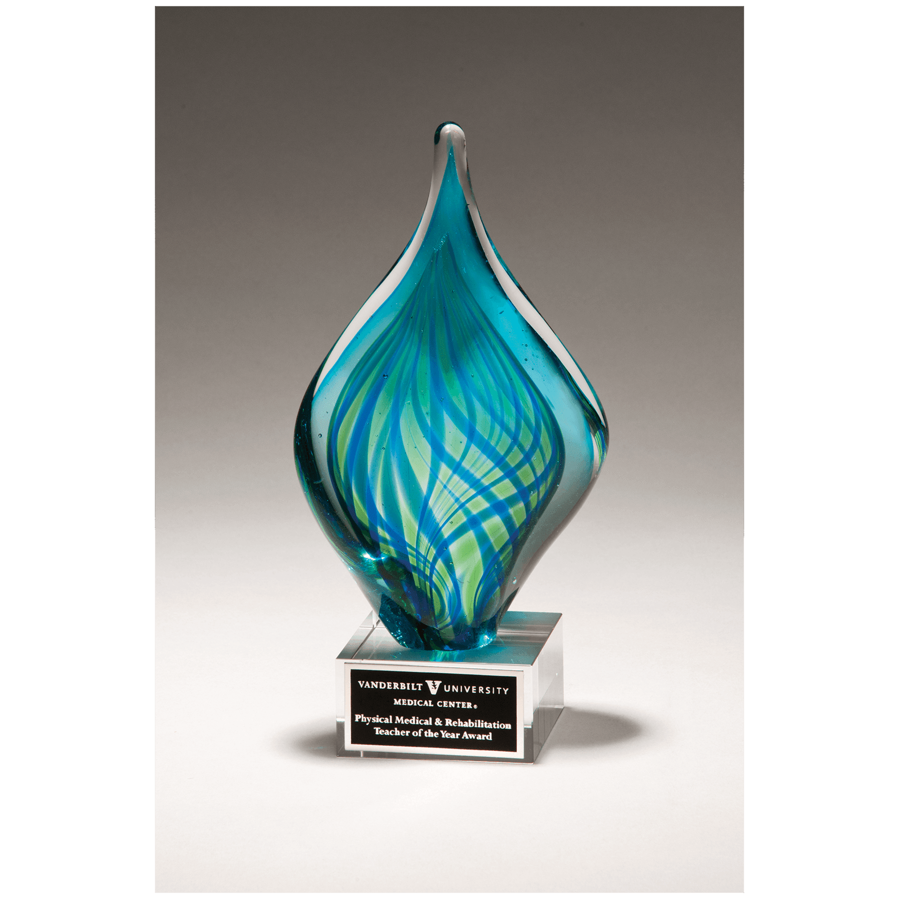 8 3/4" Blue and Green Twist Art Glass on Clear Glass Base with Laserable Aluminum Plate