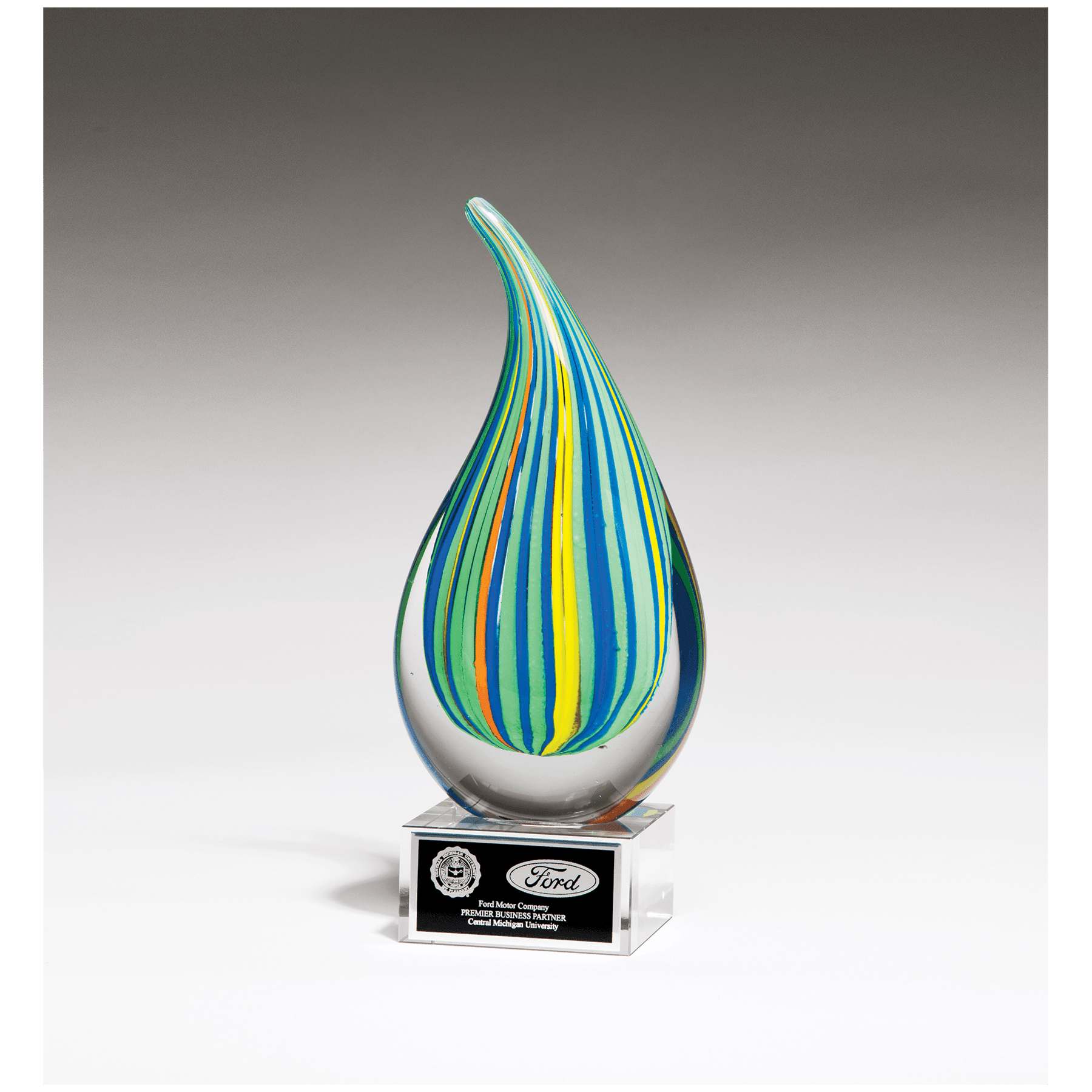 8 1/4" Multi-Colored Teardrop Art Glass on Clear Glass Base with Laserable Aluminum Plate