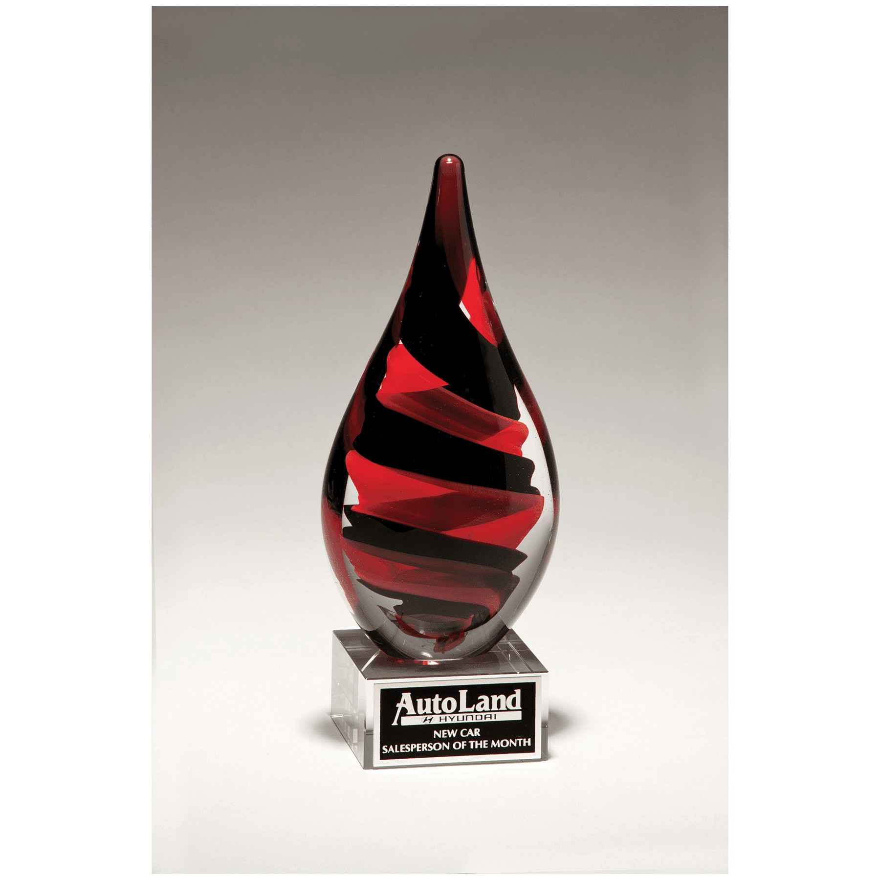 8" and Red Helix Teardrop on Clear Glass Base with Black Laserable Aluminum Plate
