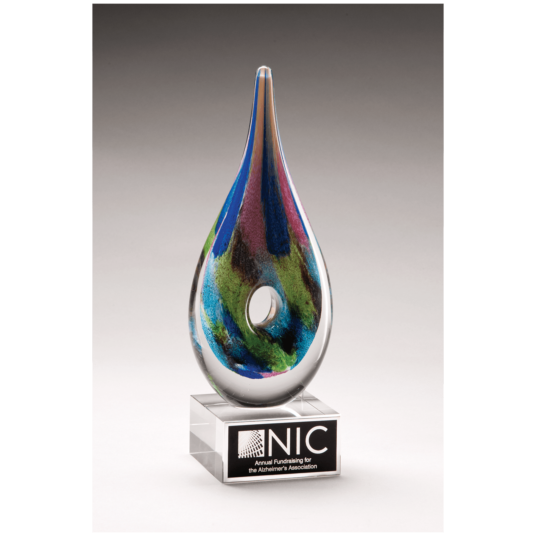 9 7/8" Multi-Colored Teardrop Art Glass on Clear Glass Base with Laserable Aluminum Plate