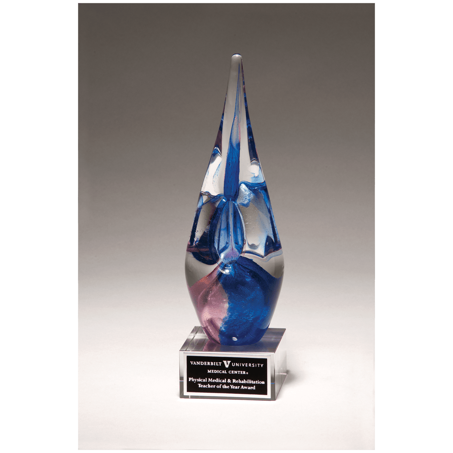 10 1/2" Blue & Violet Art Glass on Clear Glass Base with Laserable Aluminum Plate