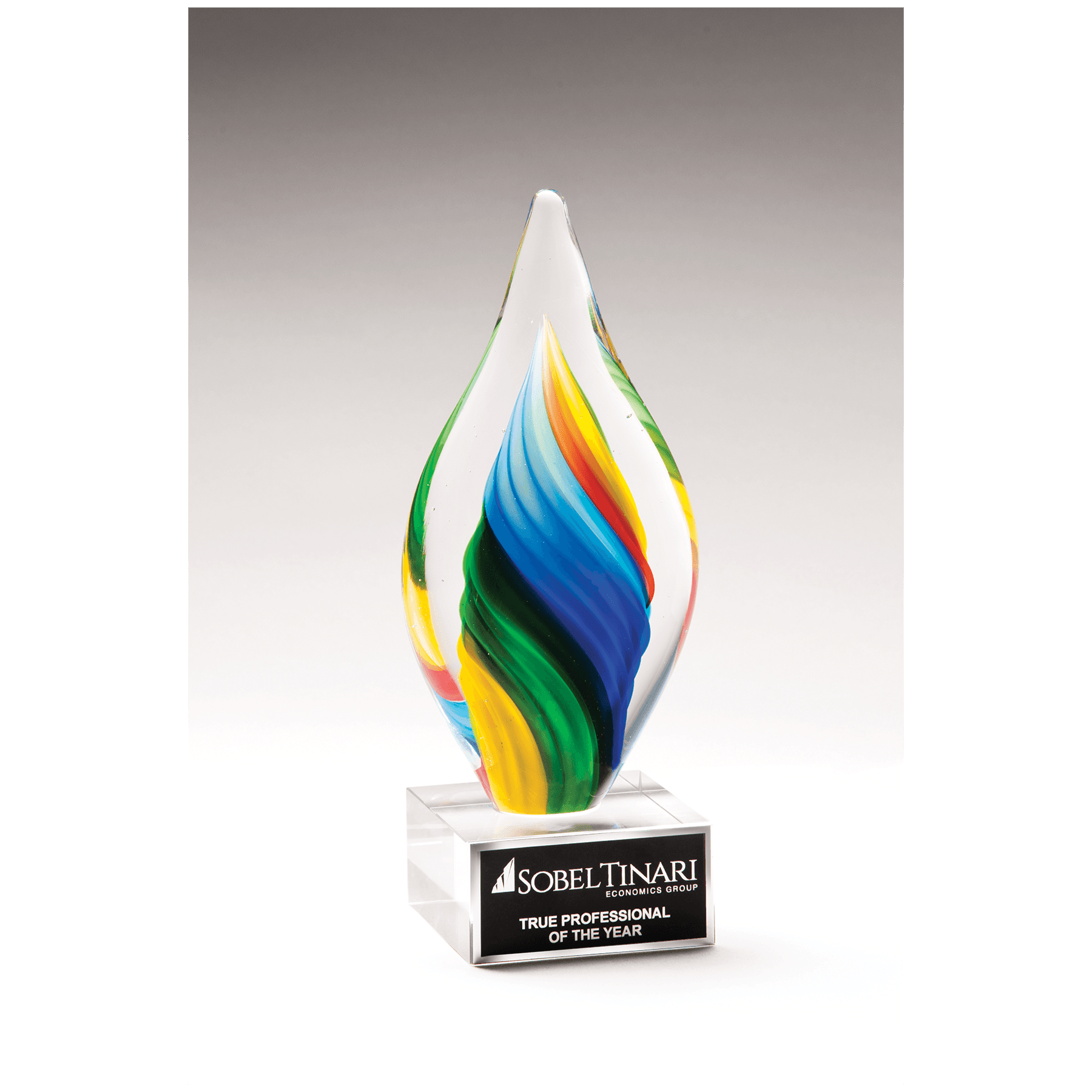 9" Rainbow Twist Art Glass on Clear Glass Base with Laserable Aluminum Plate
