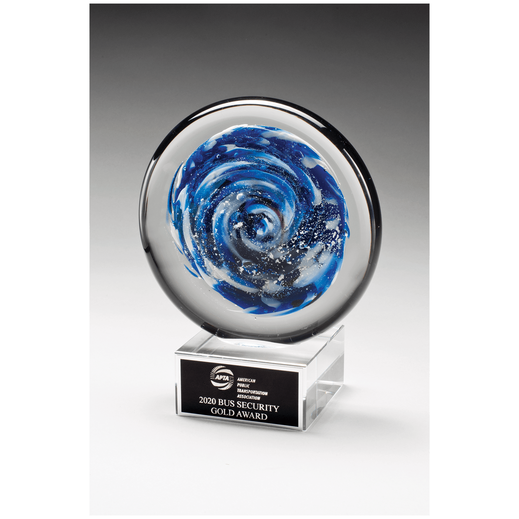 7" Blue and White Disc Art Glass on Clear Glass Base with Laserable Aluminum Plate