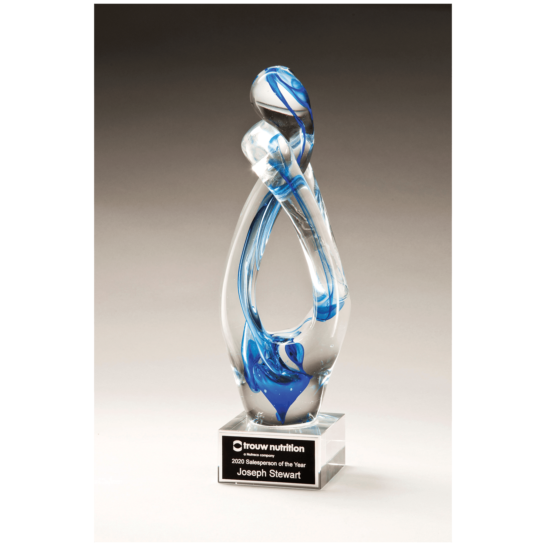 12" Contemporary Sculpture with Blue Accent Art Glass on Clear Glass Base with Laserable Aluminum Plate