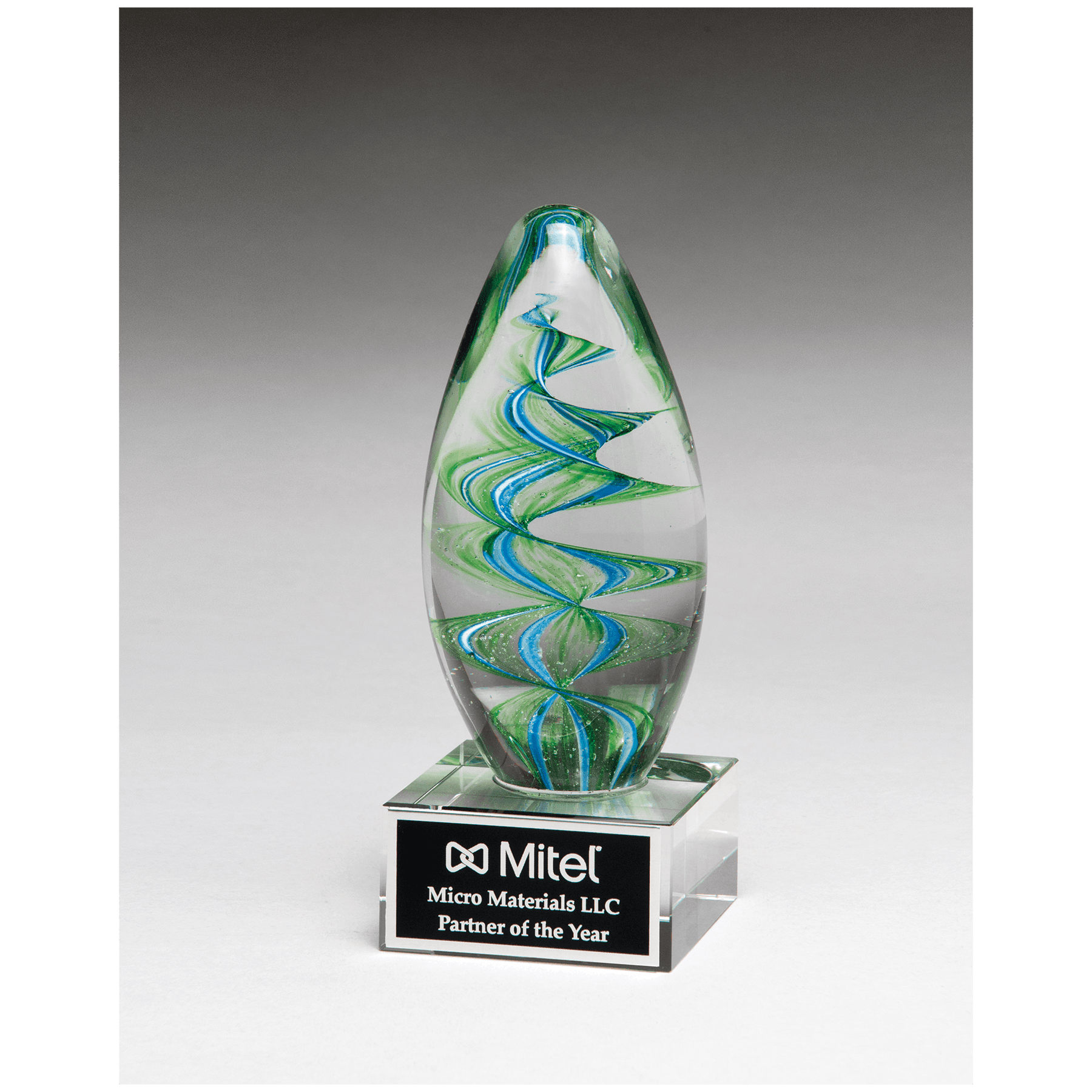 6 1/2" Blue and Green Helix Egg Shaped Art Glass on Clear Glass Base with Laserable Aluminum Plate