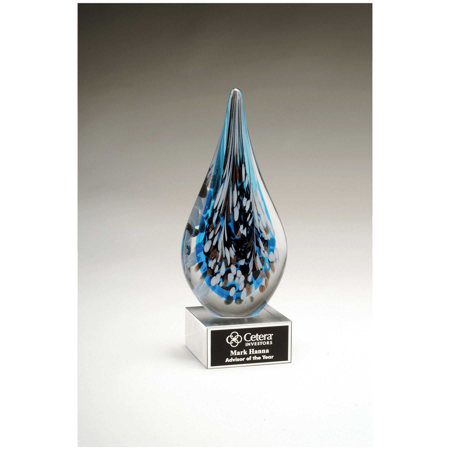 10" Multi-Colored Teardrop Art Glass on Clear Glass Base with Laserable Aluminum Plate
