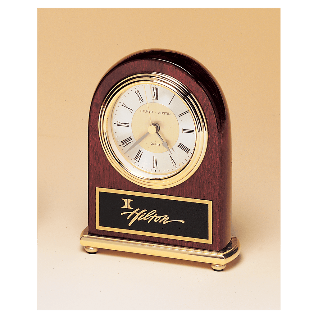 4" x 5" Rosewood Arch Piano Finish Clock, Brass Base, Diamond Spun Dial, 3 Hand Movement with Laserable Plate