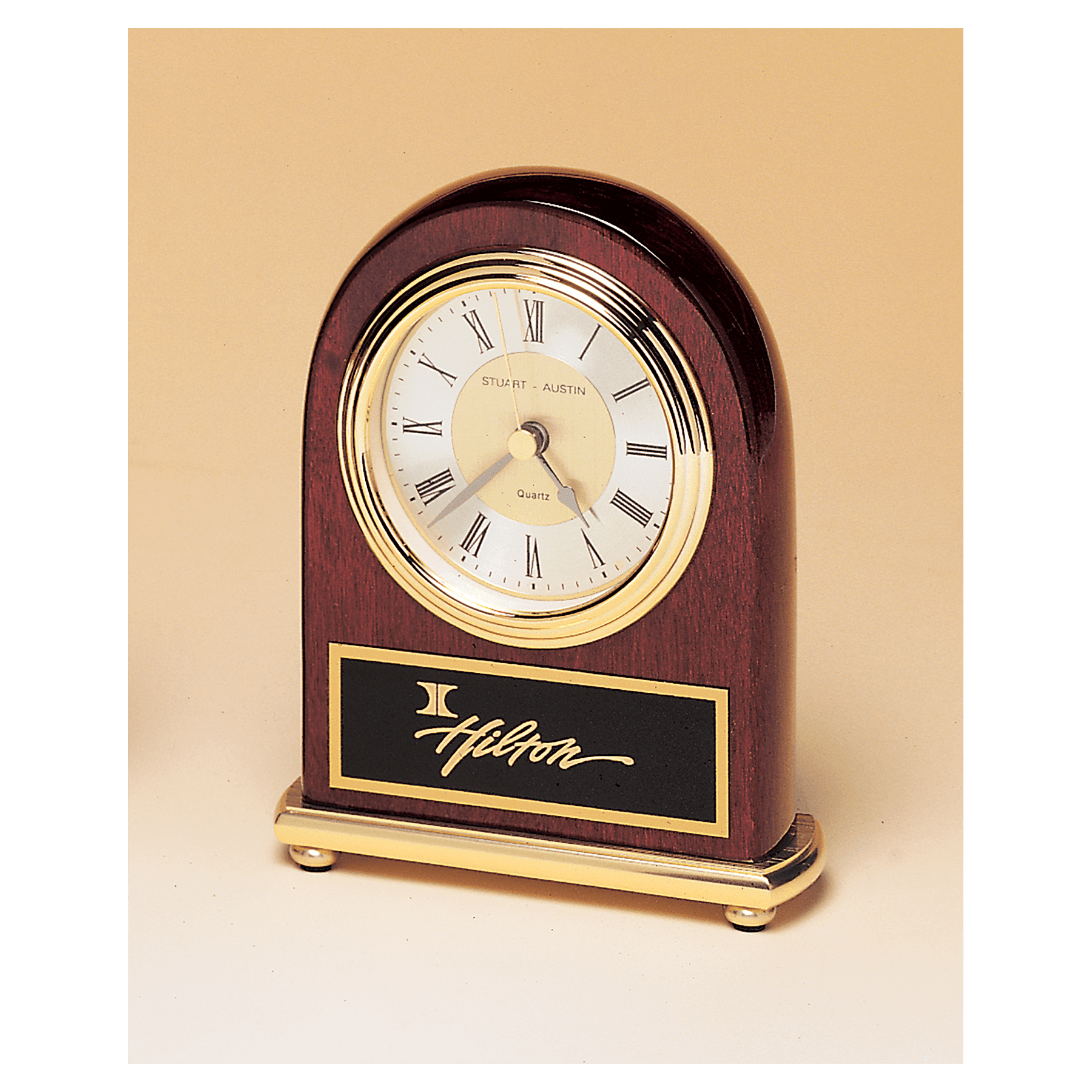 4" x 5" Rosewood Arch Piano Finish Clock, Brass Base, Diamond Spun Dial, 3 Hand Movement with Laserable Plate