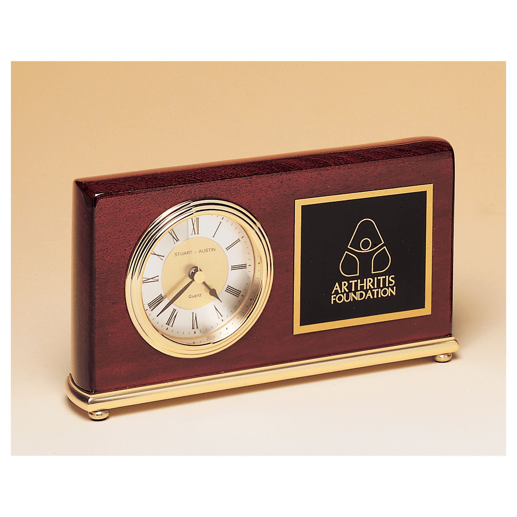 4" x 7 5/8" Rosewood Piano Finish Clock, Brass Base, Diamond Spun Dial, 3 Hand Movement with Laserable Plate