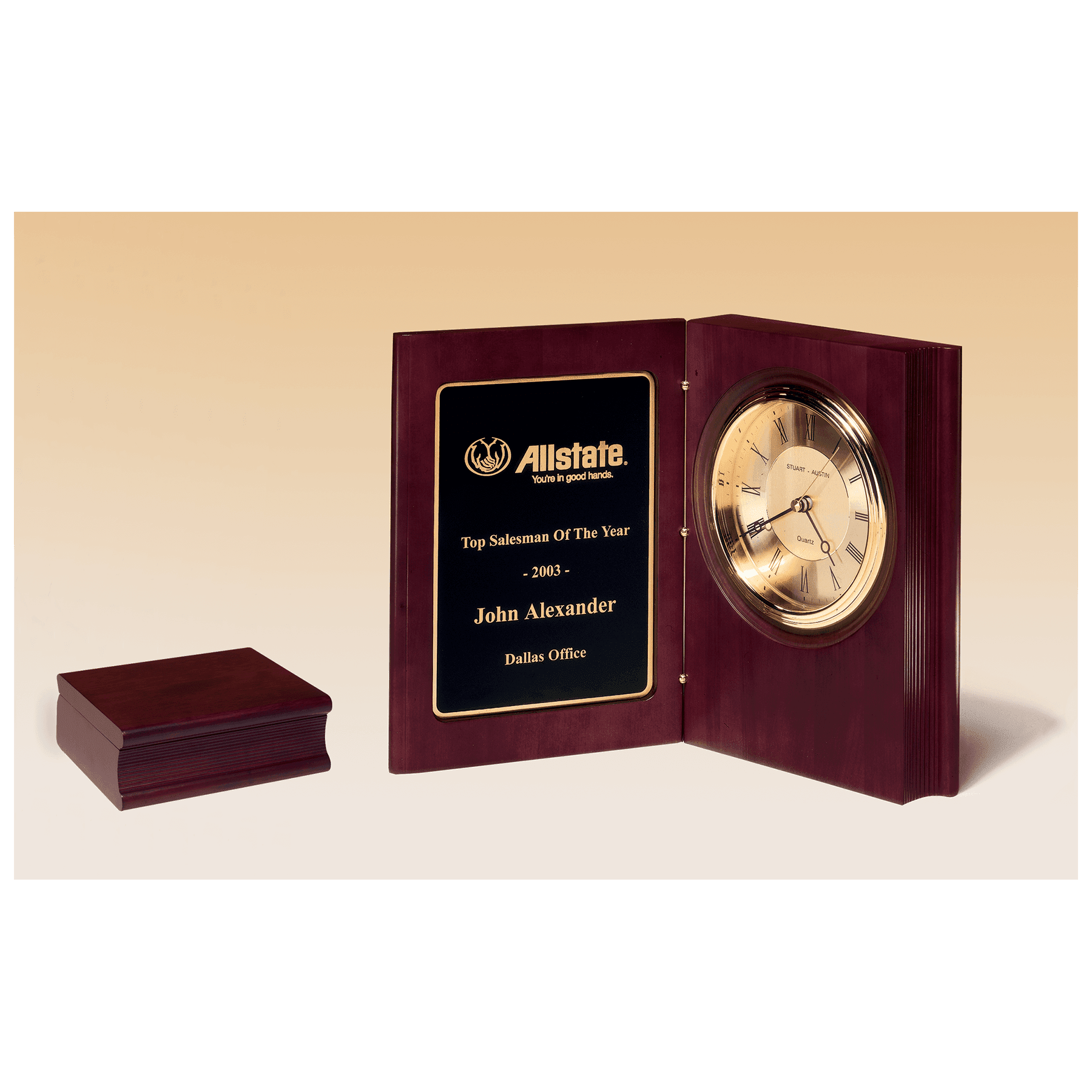 9" x 6 3/4" Hand Rubbed Mahogany Finish Book Clock, Diamond Spun Dial, 3 Hand Movement, Laserable Plate