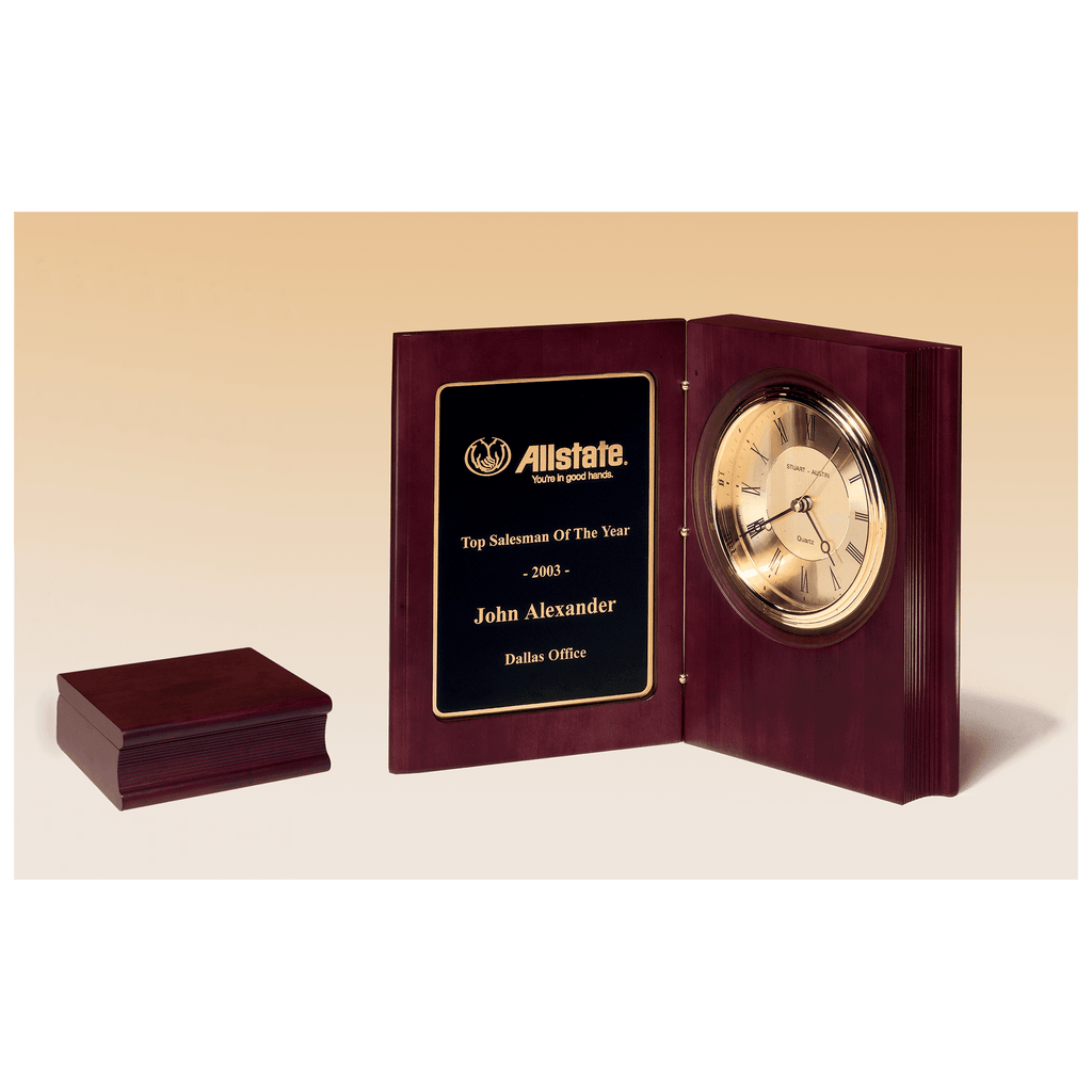 9" x 6 3/4" Hand Rubbed Mahogany Finish Book Clock, Diamond Spun Dial, 3 Hand Movement, Laserable Plate