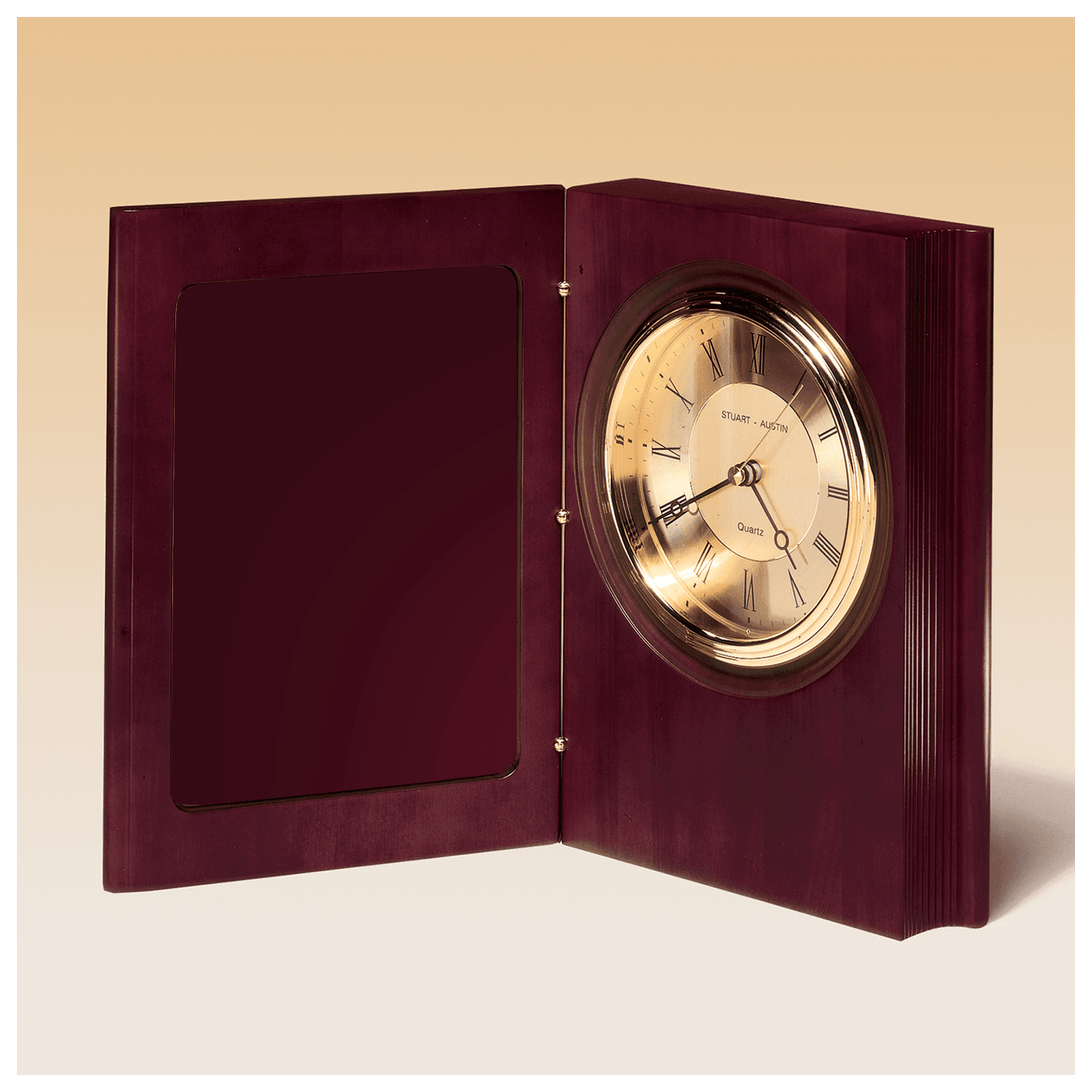 9" x 6 3/4" Hand Rubbed Mahogany Finish Book Clock, Diamond Spun Dial, 3 Hand Movement