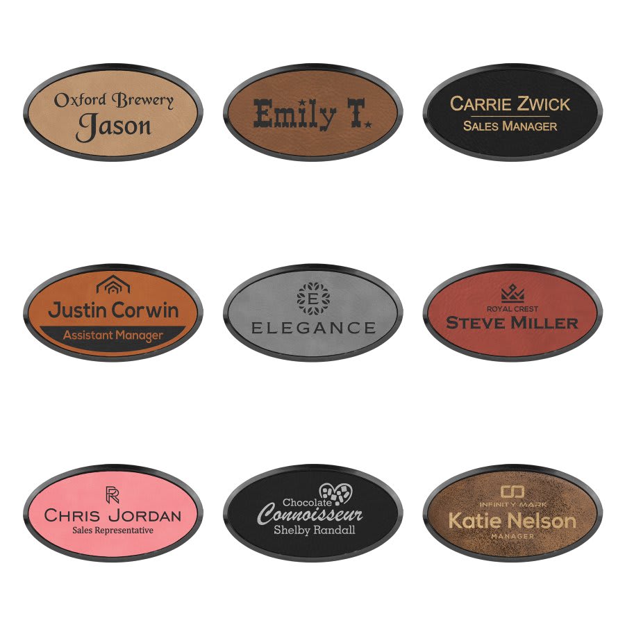 3" x 1 1/2" Laserable Leatherette Oval Badge & Frame Sample Set