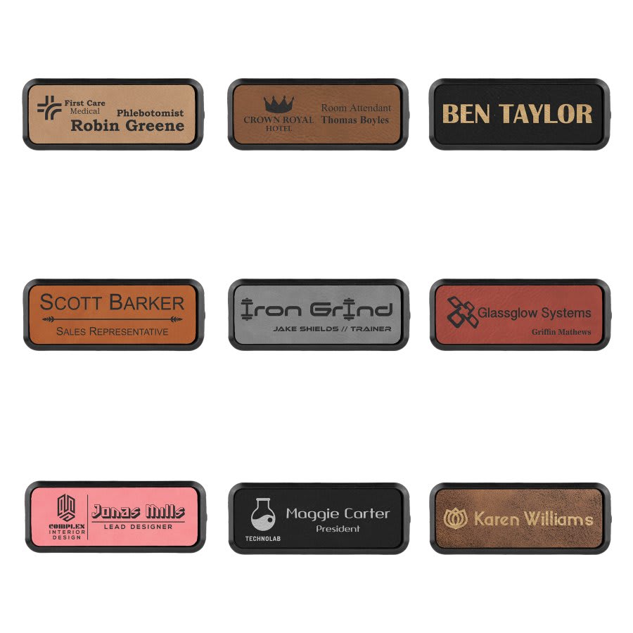 3" x 1" Laserable Leatherette Round Corner Badge & Frame Sample Set
