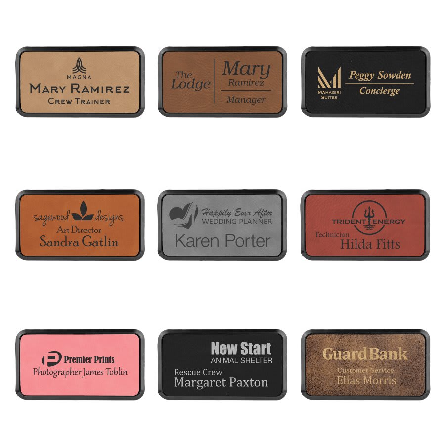 3" x 1 1/2" Laserable Leatherette Round Corner Badge & Frame Sample Set
