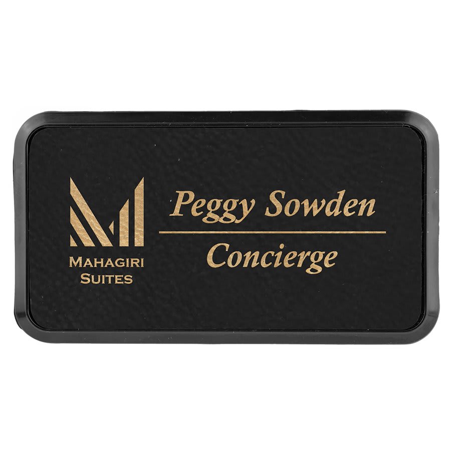 3" x 1 1/2"/Gold Laserable Leatherette Round Corner Badge & Frame