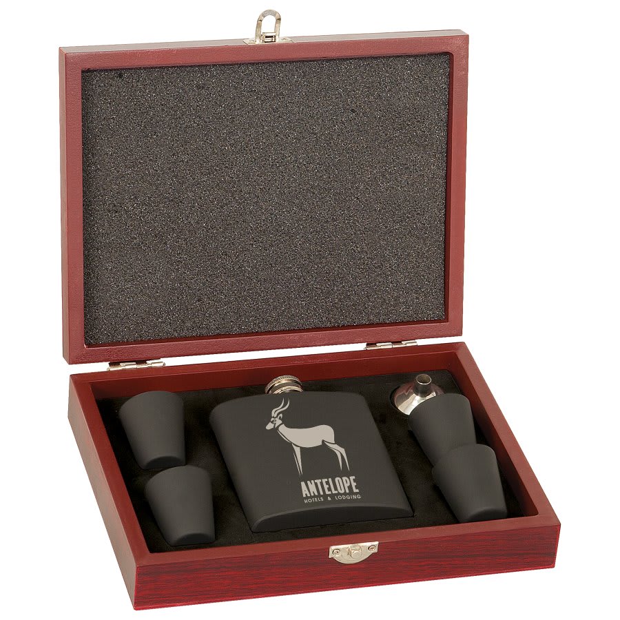 6 oz. Matte Laserable Stainless Steel Flask Set in Wood Presentation Box