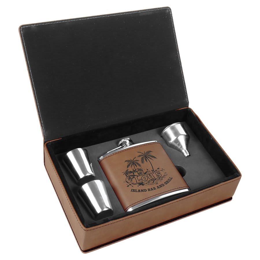 6 oz. Dark Laserable Leatherette Flask Gift Set
