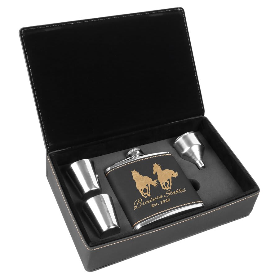 6 oz./Gold Laserable Leatherette Flask Gift Set