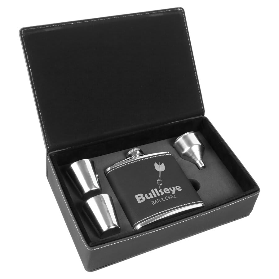 6 oz./Silver Laserable Leatherette Flask Gift Set