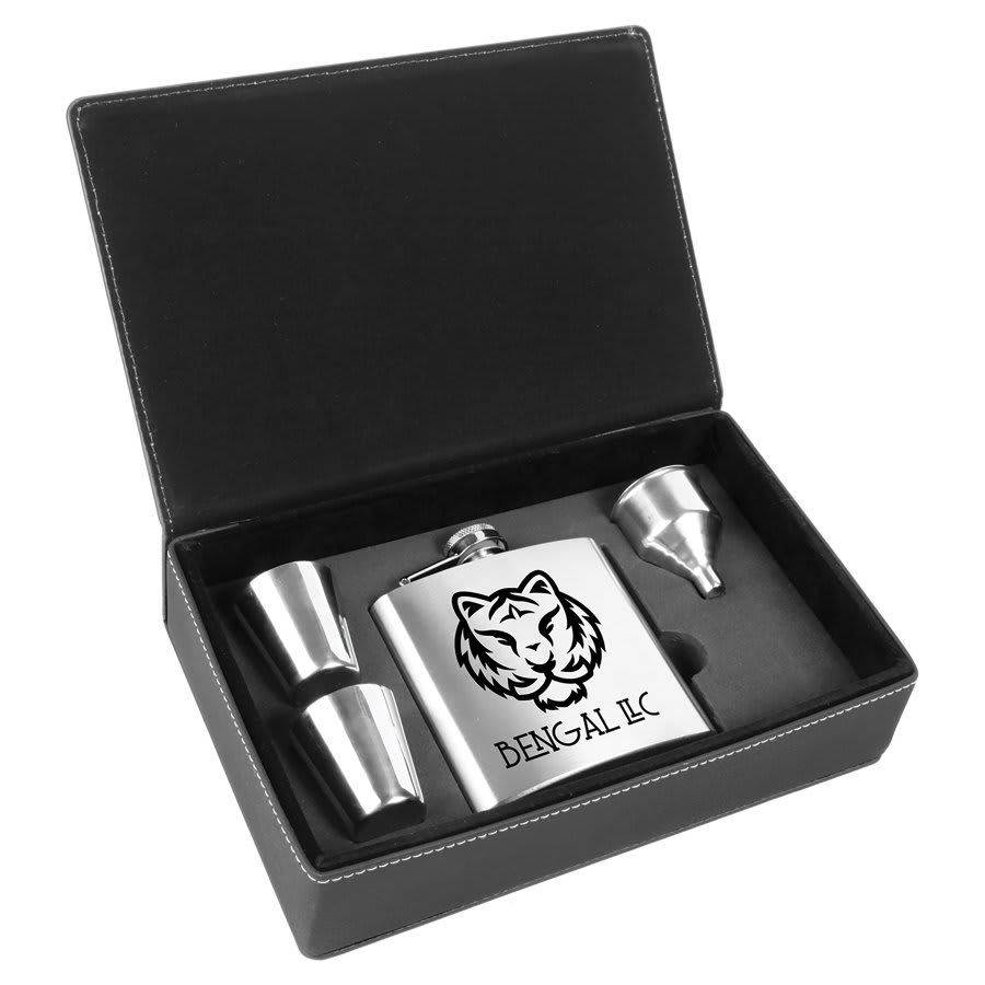 6 oz. Stainless Steel Flask Set in/Silver Laserable Leatherette Box