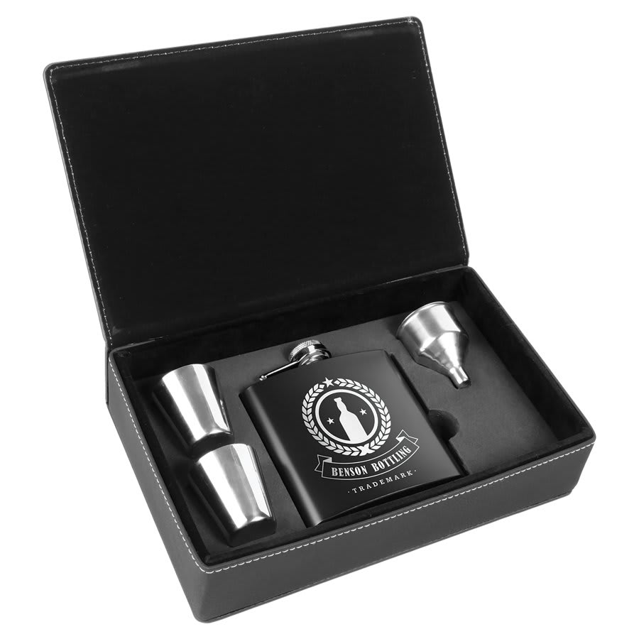 6 oz. Stainless Steel Flask Set in Black/Silver Laserable Leatherette Box