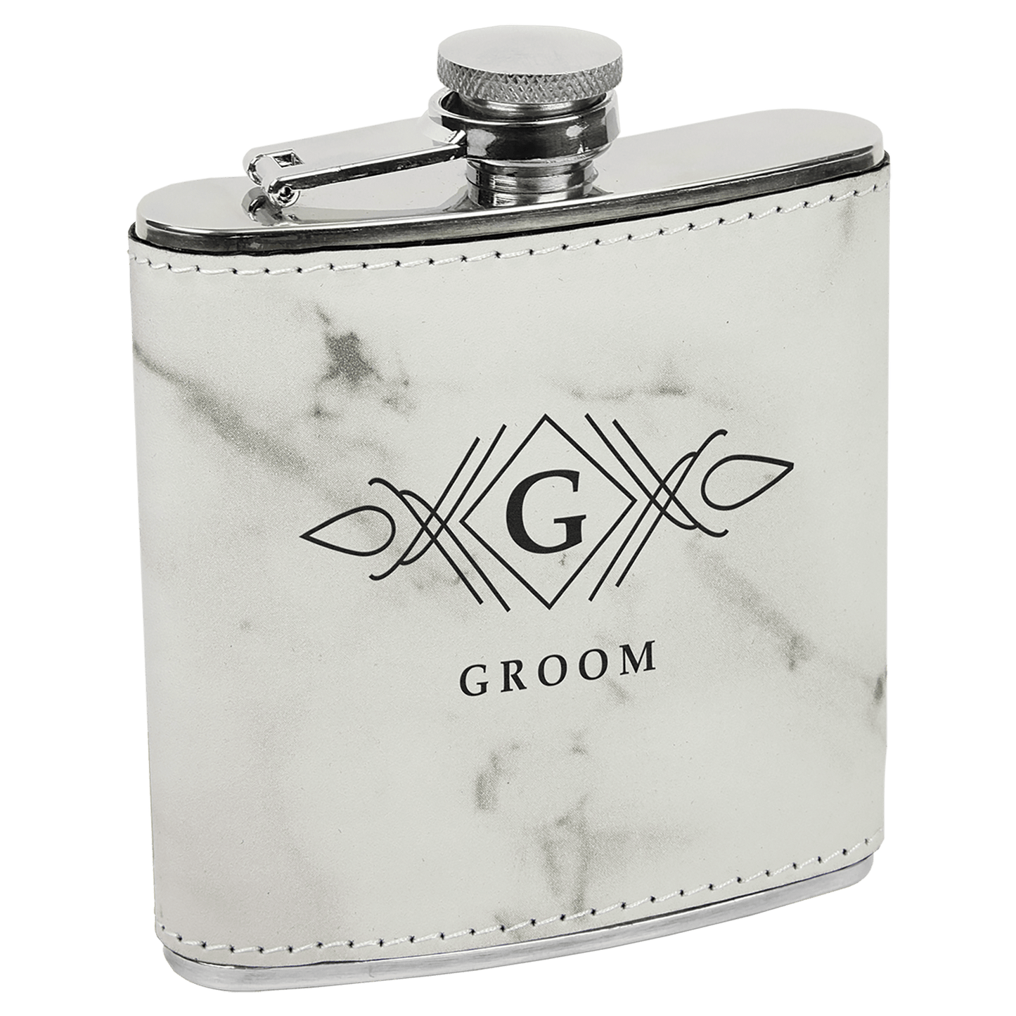 6 oz.White Marble Laserable Leatherette Stainless Steel Flask