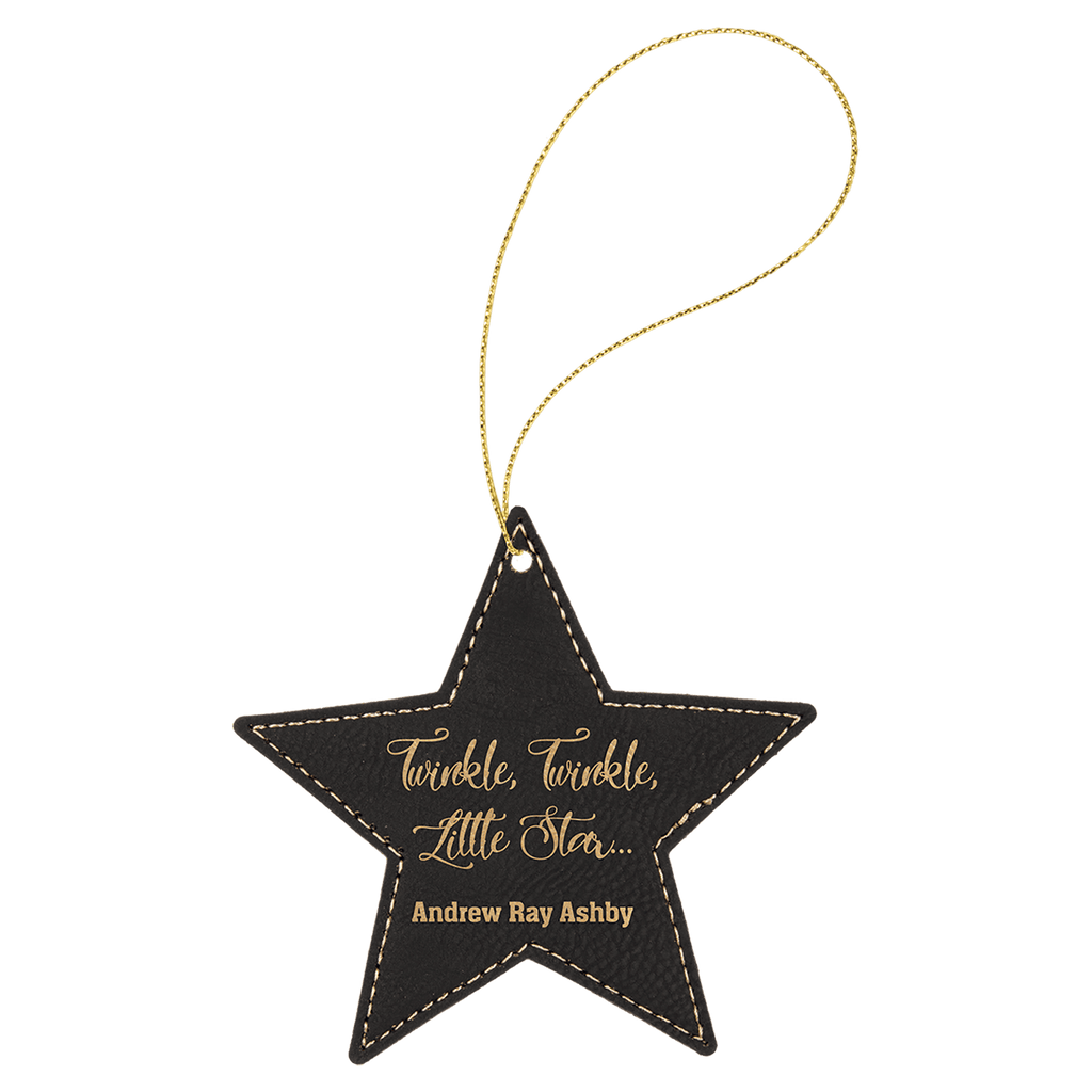 Black/Gold Laserable Leatherette Star Ornament with String