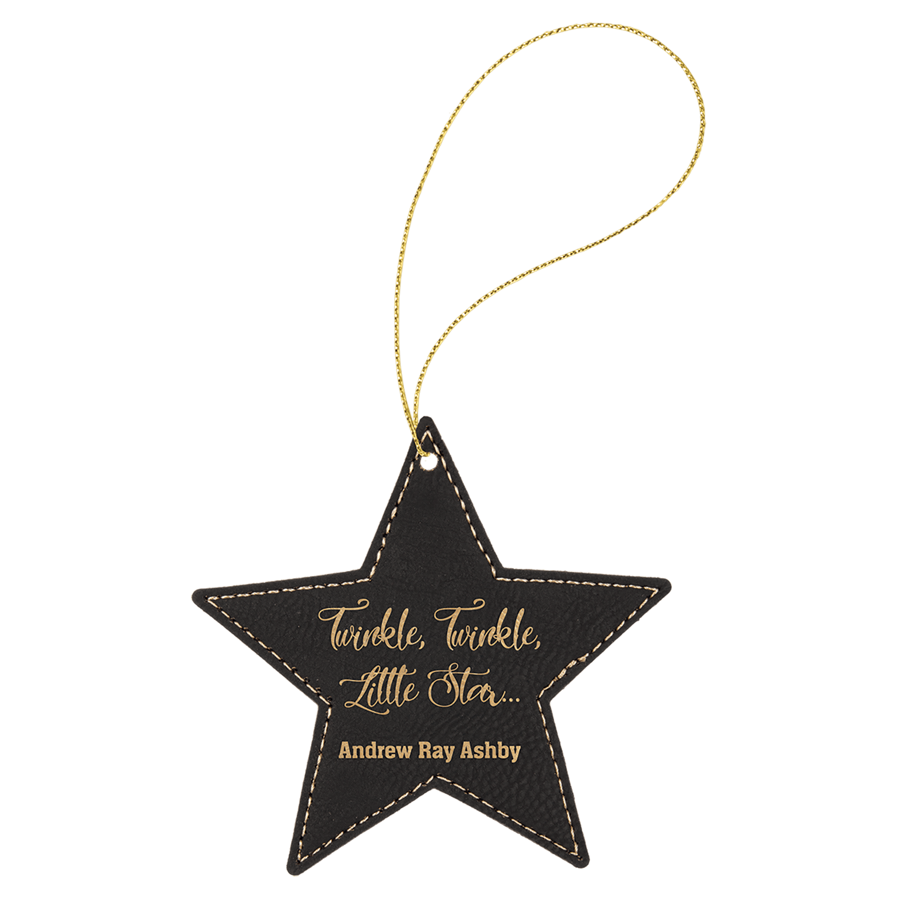 Black/Gold Laserable Leatherette Star Ornament with String