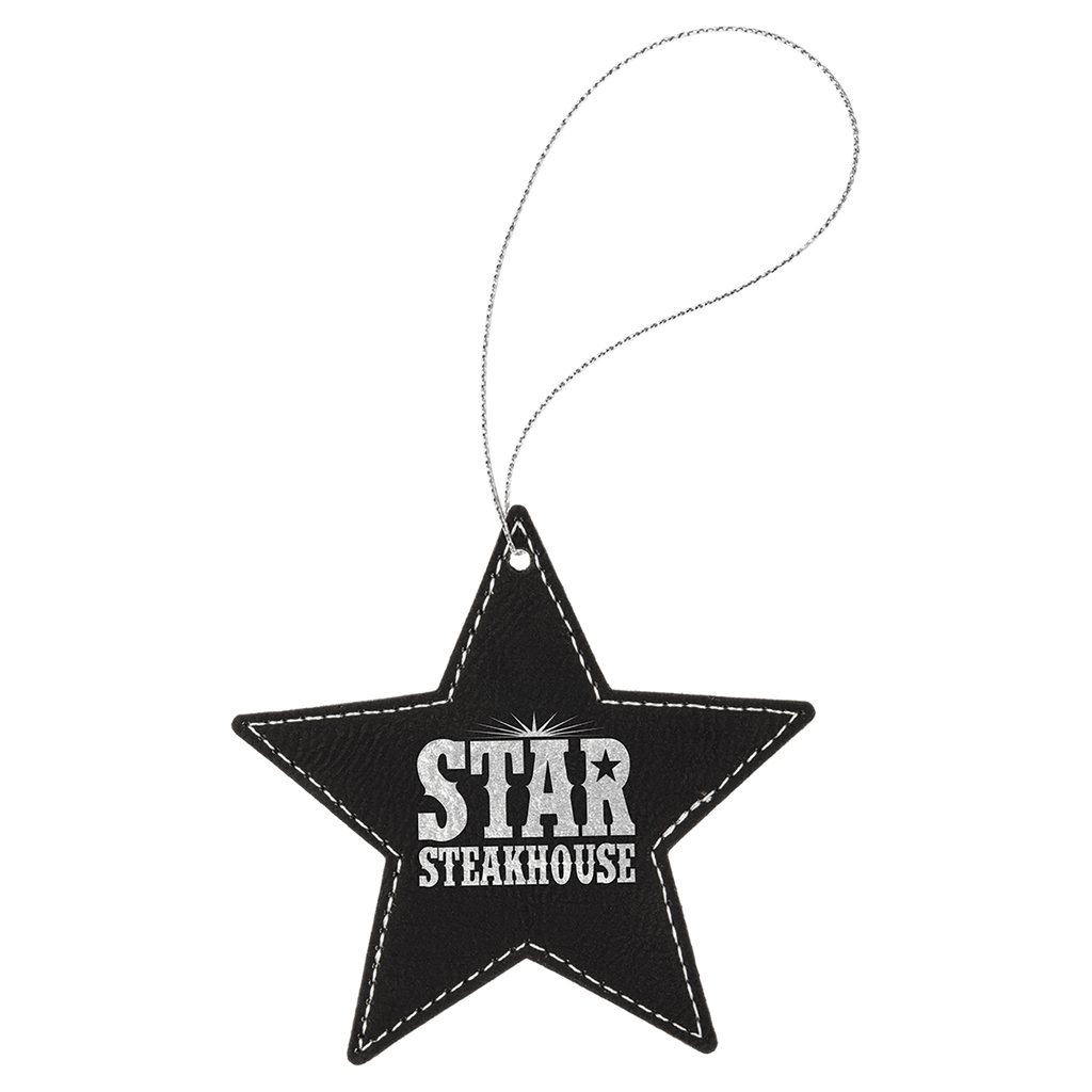 Black/Silver Laserable Leatherette Star Ornament with String