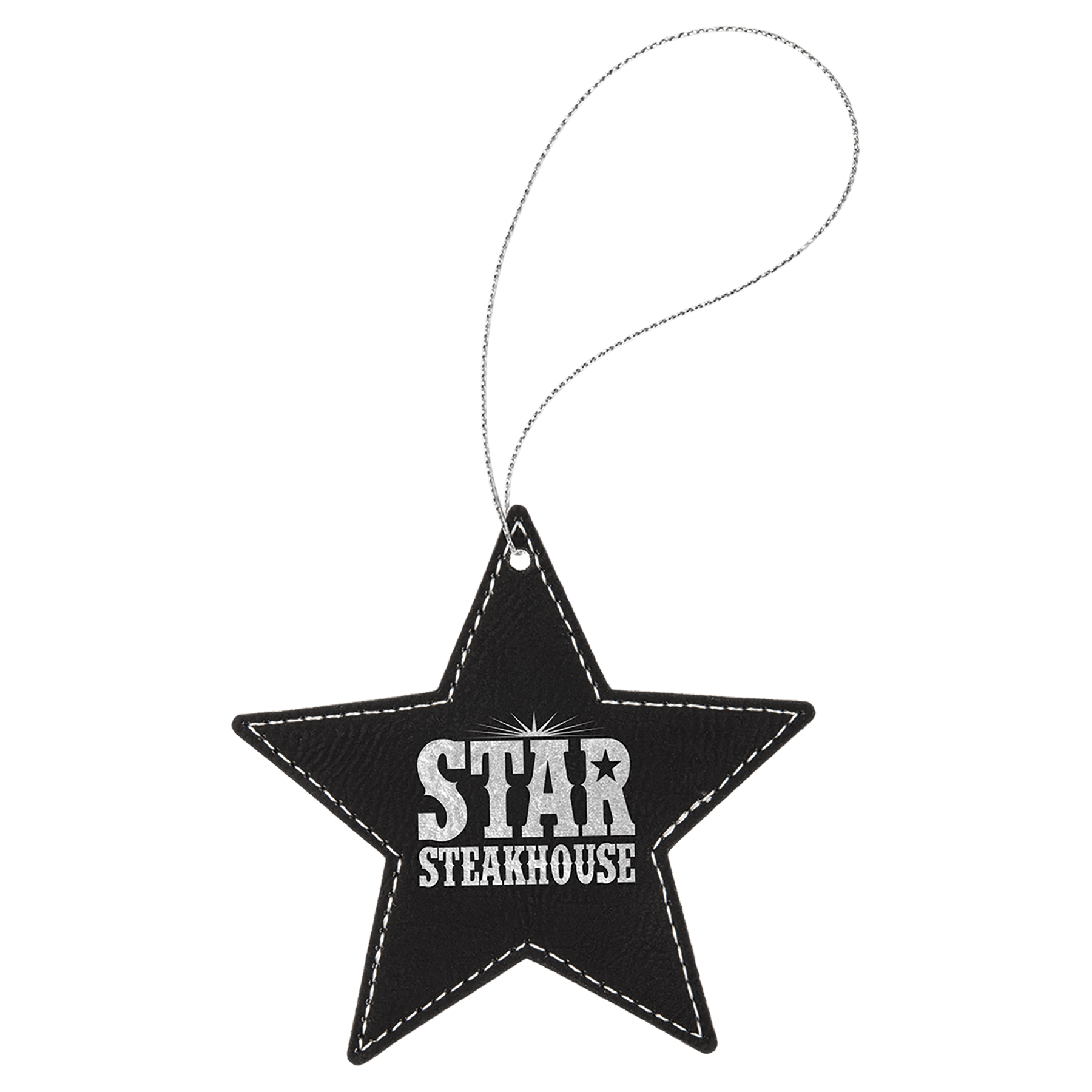 Black/Silver Laserable Leatherette Star Ornament with String