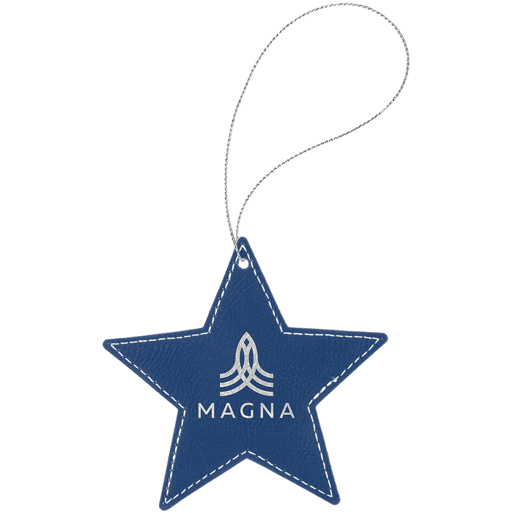 Blue/Silver Laserable Leatherette Star Ornament with String