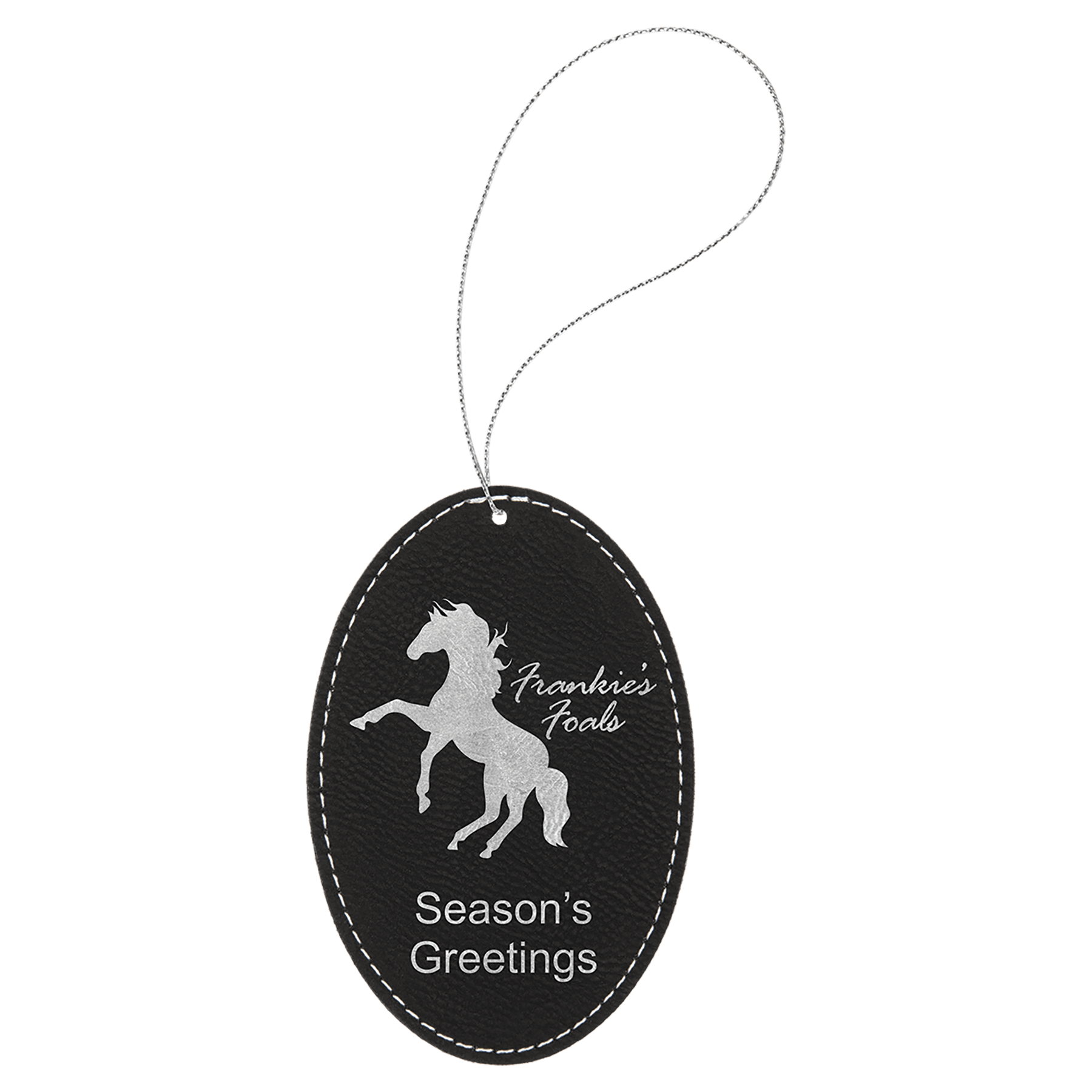 Black/Silver Laserable Leatherette Oval Ornament with String